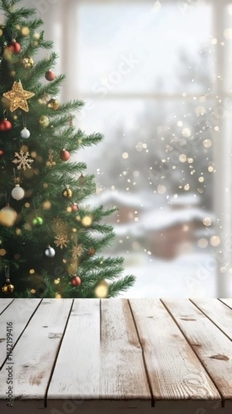 Fototapeta Empty white table with christmas tree blurred background for product display. christmas wallpaper. Ultra realistic. Photorealistic