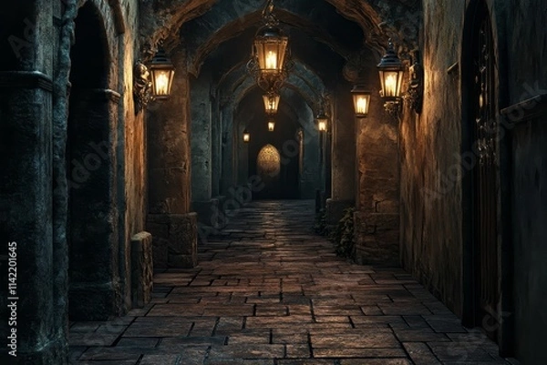 Fototapeta Stone passageway, lit lanterns, ancient architecture.