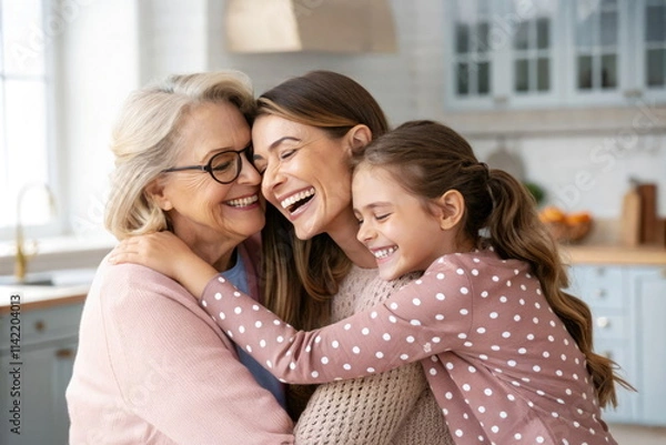 Fototapeta Grandmother, mother, and daughter sharing a joyful moment togeth