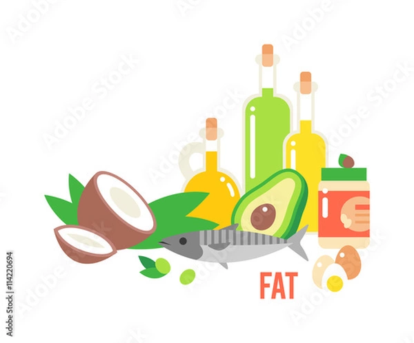 Obraz Different kind healthy fat. Good fats diet avocado, dry fruits and oil. Organic food vector and healthy fats food. Fresh diet green olive fats food nutrition fish raw. Vegetarian healthy fats food.