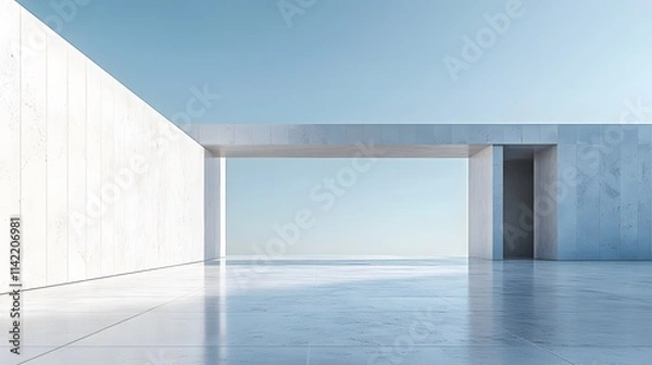 Fototapeta A minimalist white concrete wall stands under a blue sky, its geometric simplicity and pristine marble floor reflecting contemporary architectural design in bright daylight.