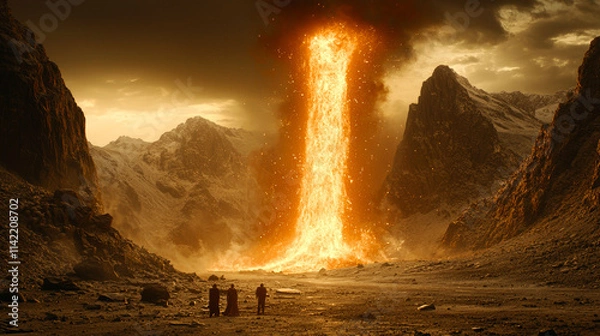Fototapeta Two figures observe a fiery column in a desolate landscape.
