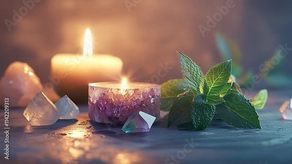 Fototapeta Peaceful Meditation Scene with Aromatic Candlelight and Soothing Gemstones for Relaxation : Generative AI