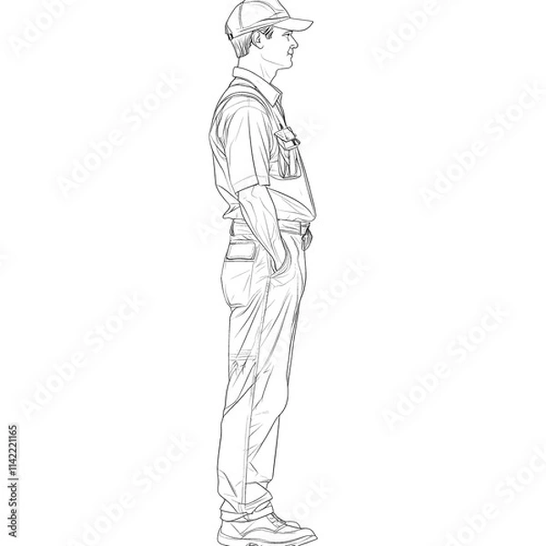 Fototapeta Side profile sketch of a man in work overalls.