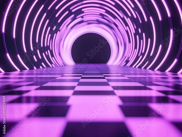 Fototapeta Electric violet arcs radiating on a monochrome checkered surface with gradient tones
