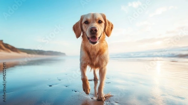 Fototapeta A playful golden retriever runs joyfully on wet sand by the ocean, with paws splashing in shallow water and skies clear, representing freedom and exuberant life.