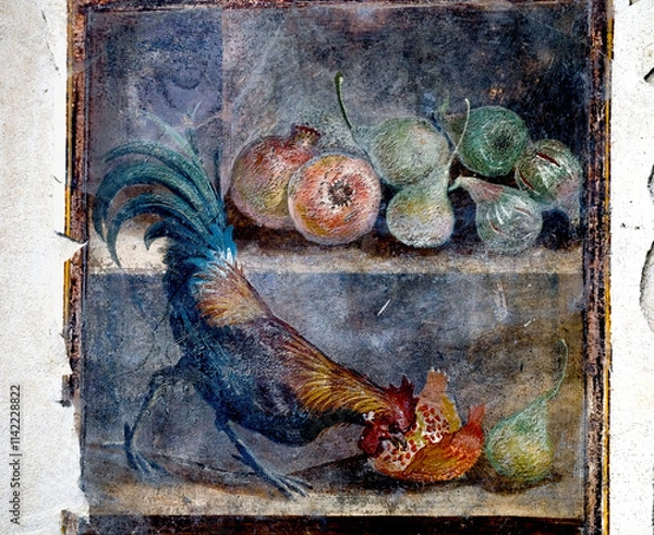Fototapeta ancient Pompeian fresco of a rooster with fruit and pomegranates, the pomegranate was a symbol of fertility and the rooster was a symbol of strength and health, Pompeii 79 AD Italy