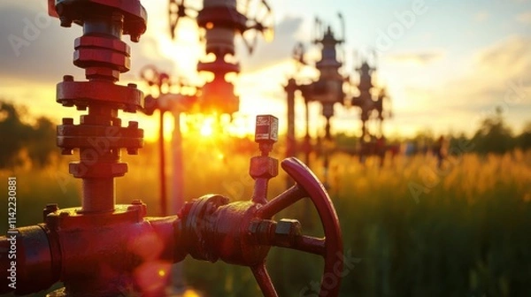 Fototapeta Bright Wellhead During Routine Maintenance in Grassland