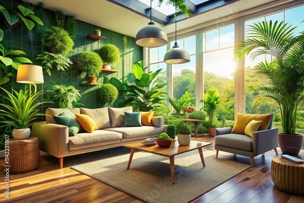Fototapeta High-detail image:  Relaxing interior with modern decor, cozy plants creating a tranquil living room atmosphere.