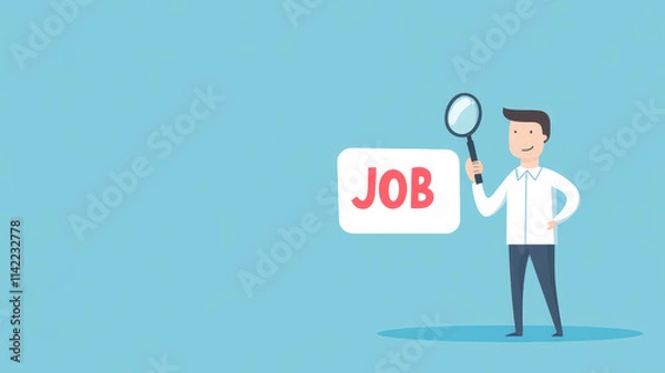 Fototapeta Cartoon illustration of man holding magnifying glass over word JOB in bright blue theme, minimalist style, conveying professional quality with ample copy space
