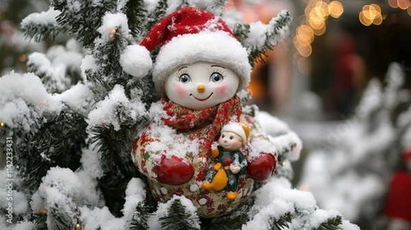 Fototapeta Festive New Year's toys adorn an evergreen spruce, adorned with twinkling garlands and dusted with snow. The streets of Moscow's center showcase festive Christmas decorations