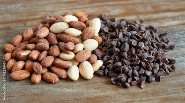 Fototapeta Almonds and cacao nibs arranged on a rustic wooden background showcasing natural textures and earthy colors