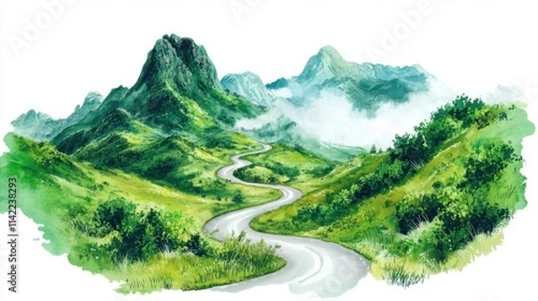 Fototapeta A beautiful mountain pass with sharp turns and lush greenery, creating a serene scenic route, isolated on a white background
