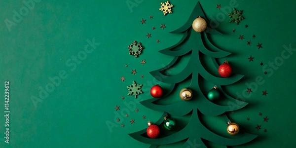 Fototapeta a green background with a christmas tree and balls1