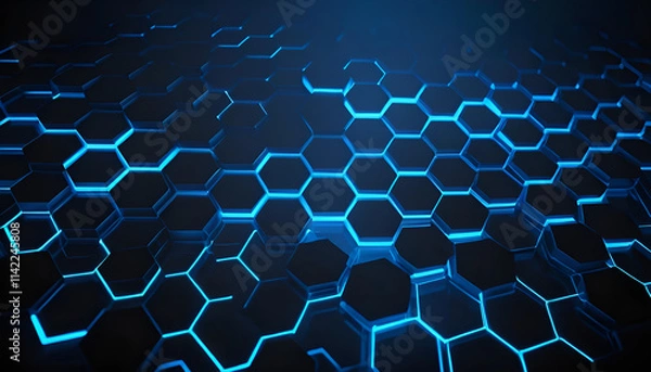 Fototapeta Abstract hexagonal grid with glowing blue lights and smooth gradients, a futuristic tech background ideal for IT, innovation, sci-fi themes, artificial intelligence, and technology visuals.