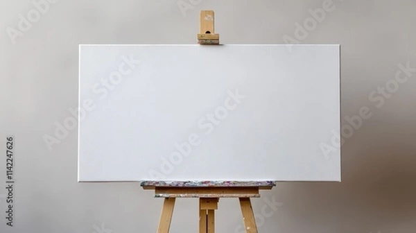 Fototapeta White canvas on an easel situated against a simple white background for artistic creation
