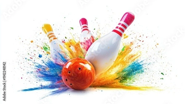 Fototapeta A colorful bowling ball striking down all ten pins in a dynamic motion burst, scattering pins dramatically, on white