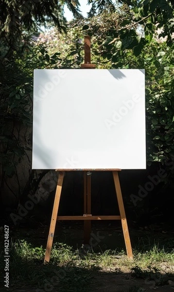 Fototapeta Giant blank canvas on a small easel in a garden setting during daylight
