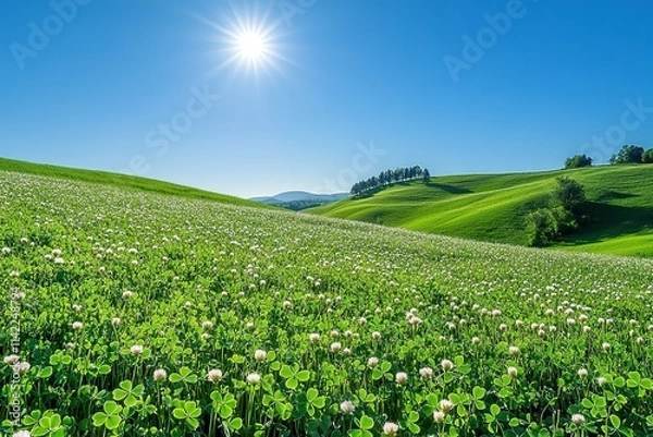Fototapeta Sunlit meadow with blooming clovers under blue sky