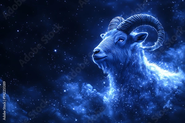 Fototapeta A stunning digital illustration of the Capricorn zodiac sign, featuring a majestic goat with a fish tail, glowing constellations, and a deep blue and purple cosmic background with mystical and celesti
