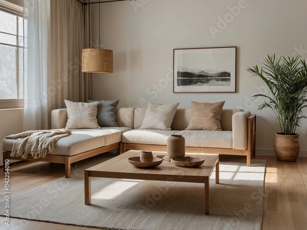 Fototapeta A serene living room exudes tranquility, creating a cozy ambiance with neutral colors and airy Scandinavian design. Simplicity and comfort blend harmoniously, embodying Japandi style.