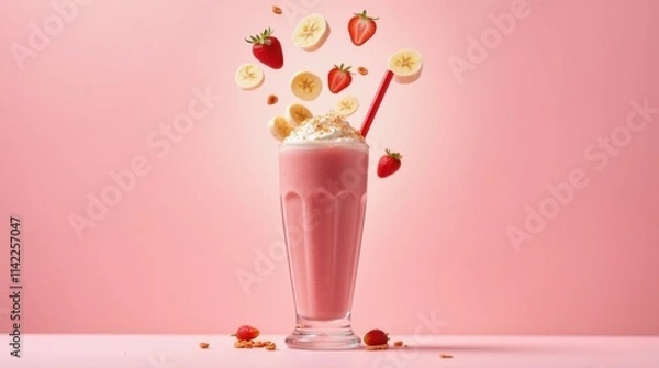 Fototapeta Strawberry Banana Milkshake with Flying Strawberry