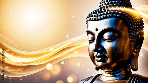 Fototapeta A close-up of a bronze Buddha statue, surrounded by a glowing golden aura., abstract background 