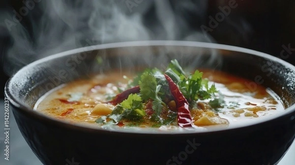 Fototapeta A close-up shot of a steaming bowl of tom yum soup, garnished with fresh herbs and chili, highlighting the rich colors and textures that make this dish a Thai favorite.