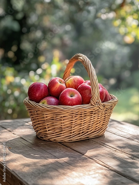 Obraz Basket of fresh red apples on a rustic wooden table in a sunlit outdoor setting