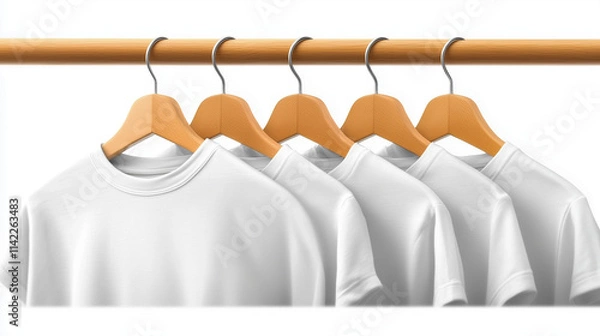 Fototapeta Five white t-shirts neatly hung on wooden hangers against a white background