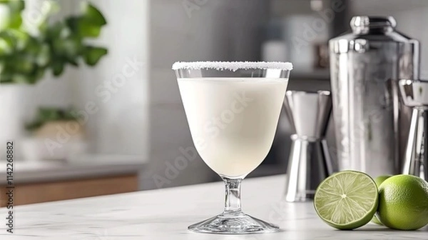 Fototapeta Margarita cocktail served in a coupe glass with a salt rim is displayed on an elegant white marble bar top, accented by a lime and shaker