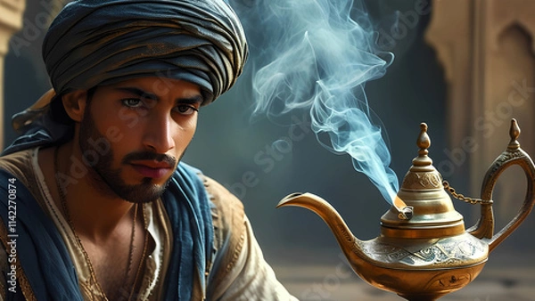Fototapeta Prince Aladdin summons a genie to magic to help. Smoke is coming from the lamp. The Tale of the Magic Lamp