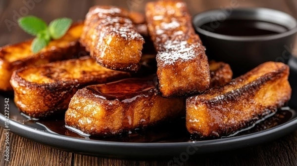Fototapeta A highly appetizing image featuring perfectly golden French toast sticks garnished with syrup and powdered sugar on a dark plate, highlighting a pure dining indulgence.