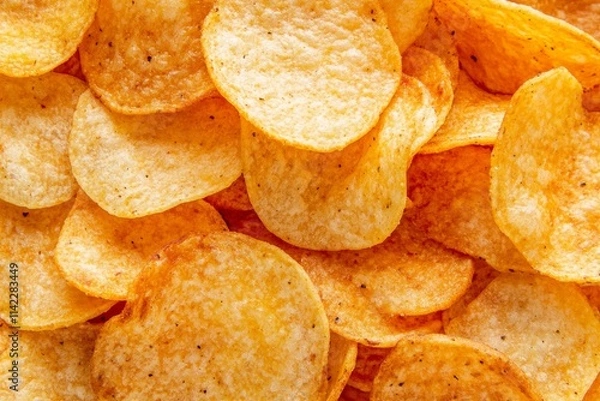 Fototapeta Top view of a pile of crispy golden kettle chips, crunchy texture, snack food background