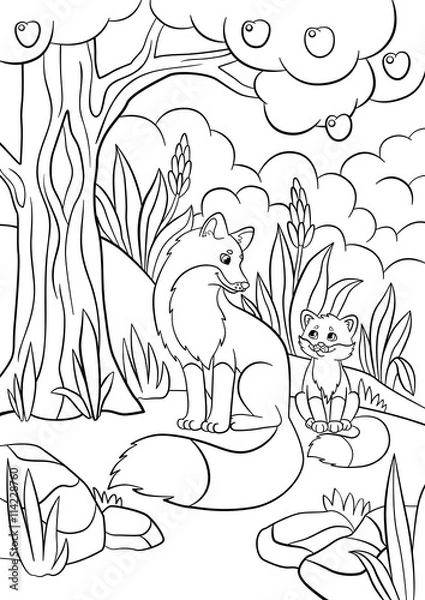 Obraz Coloring pages. Wild animals. Mother fox with her little cute baby
