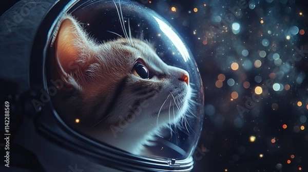 Fototapeta Curious cat astronaut wearing spacesuit exploring galaxy