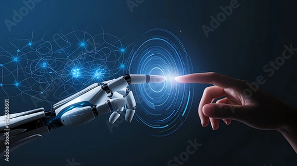 Obraz Artificial Intelligence Robot Hand Reaching to Touch Human Finger: AI and Human Interaction Concept,  AI outreach, robotics interaction, AI interface, human-tech integration.