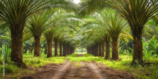 Fototapeta Oil palm trees thriving in a lush plantation showcase the growth and cultivation of oil palm trees, highlighting their importance in sustainable agriculture and the global economy.