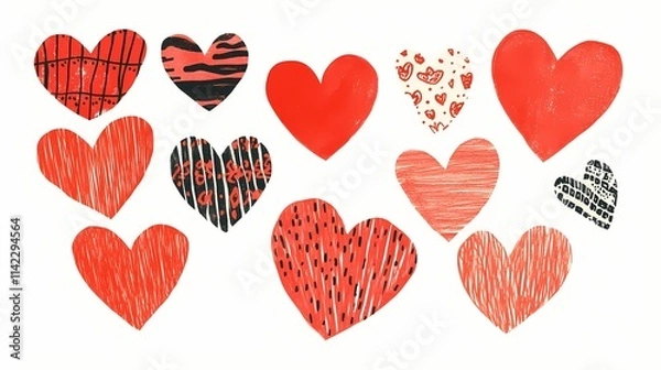 Fototapeta Collection of Colorful Red Hearts with Various Patterns and Designs for Creative Projects and Romantic Themes in Vibrant Artistic Style