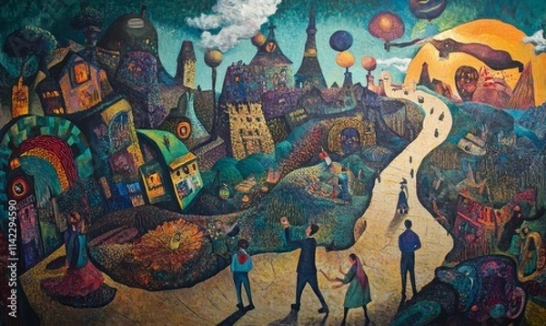 Fototapeta Whimsical town, winding path, figures exploring.