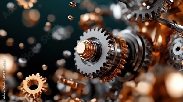 Fototapeta A harmonious arrangement of interlocking metallic gears, showcasing the intricacy and elegance of industrial design, representing unity and collaboration in mechanics.