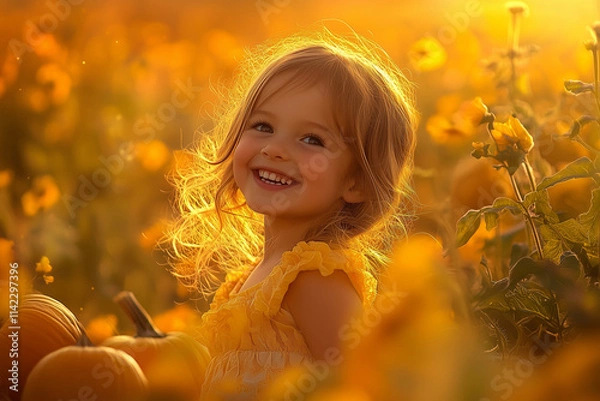 Fototapeta Joyful Child in Pumpkin Field