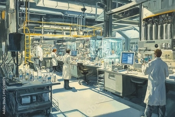 Fototapeta Scientists work in a sunlit industrial laboratory.