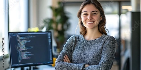 Fototapeta Portrait of a female software tester standing in a tech workspace