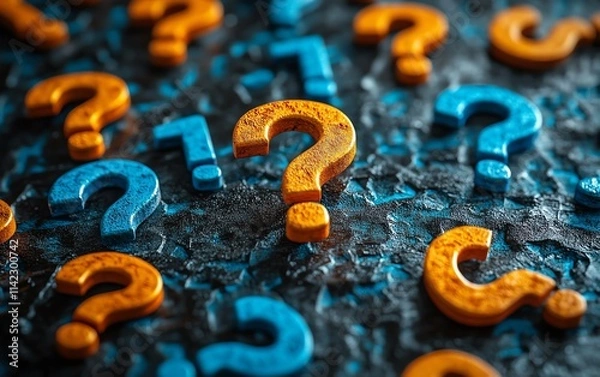 Fototapeta question marks in various sizes scattered on a textured dark surface