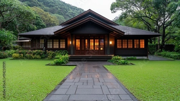 Fototapeta Modern architecture home design serene landscape residential property evening glow elegant viewpoint for seo impact