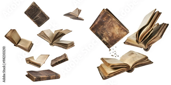 Fototapeta Old hardcover books flying isolated on a white background. Generative AI.