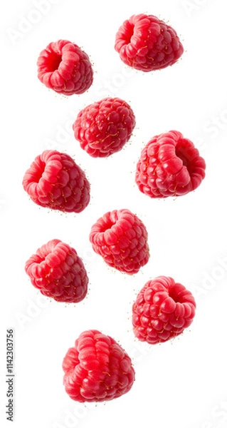 Obraz Fresh raspberries falling isolated on transparent background