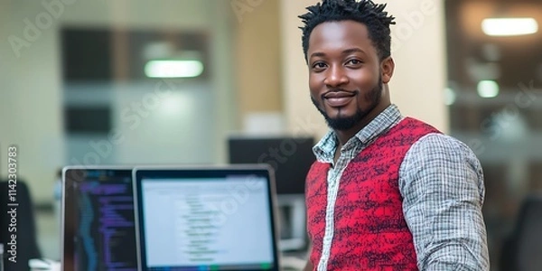 Fototapeta A Nigerian male software developer standing confidently in front of a laptop, working on an app, smiling