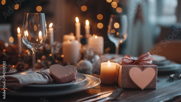 Obraz A romantic dinner setting with candles, wine glasses, and a heart-shaped gift box on the table, creating a Valentine’s Day. Ai generated (1)